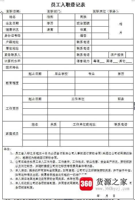 入职登记表的模板